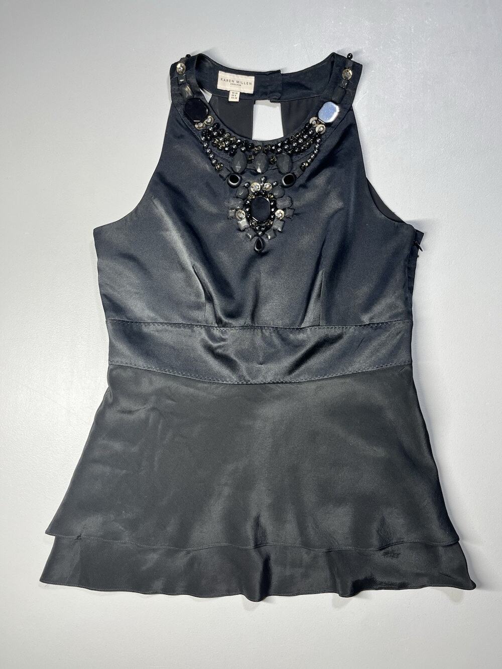 Karen Millen Silk Halter Sleeveless Blouse Top 6 Black Beaded Collar Ruffle